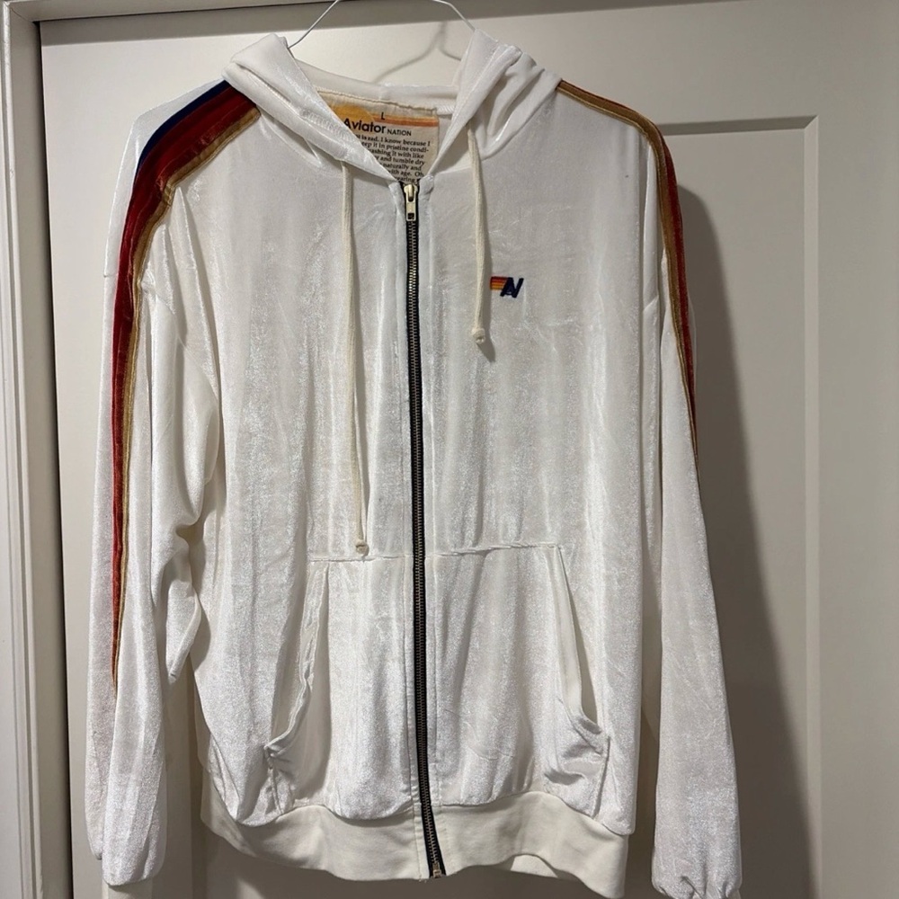 Aviator Nation White Zip-Up Hoodie Large